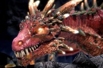 Raid Shadow Legends codes: A red dragon leers at off-screen Champions in Raid Shadow Legends.