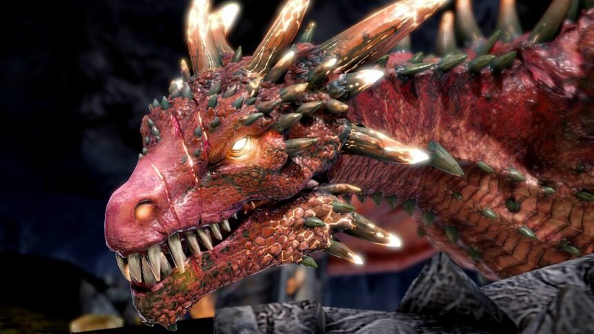 Raid Shadow Legends codes: A red dragon leers at off-screen Champions in Raid Shadow Legends.