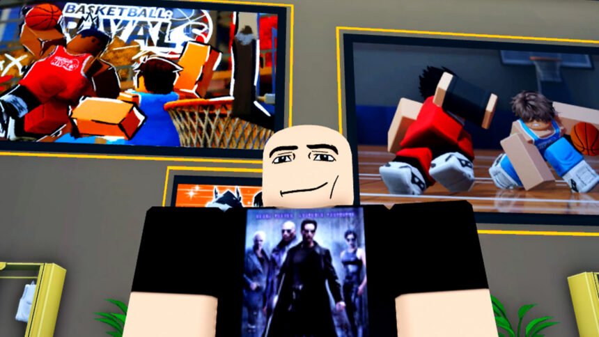 Roblox Basketball Rivals codes: An image of a roblox character standing in a stadium.