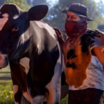 The Rust October update introduces livestock cows and sheep, along with new features for the survival game - A man takes a large cow to market.