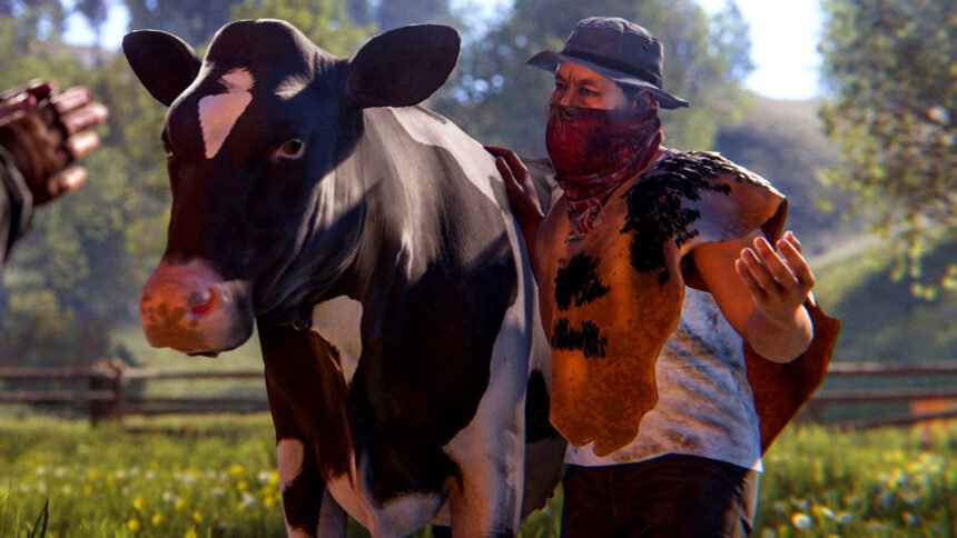 The Rust October update introduces livestock cows and sheep, along with new features for the survival game - A man takes a large cow to market.