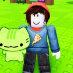 Steal Animal Egg codes: A Roblox character in a red beanie and pizza shirt holding a glowing green chibi kitty on a green background