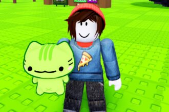 Steal Animal Egg codes: A Roblox character in a red beanie and pizza shirt holding a glowing green chibi kitty on a green background