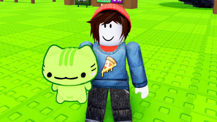 Steal Animal Egg codes: A Roblox character in a red beanie and pizza shirt holding a glowing green chibi kitty on a green background