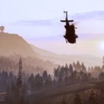 Wardogs Season 2: a helicopter flies towards a tower in the distance.