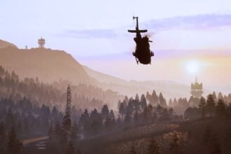 Wardogs Season 2: a helicopter flies towards a tower in the distance.