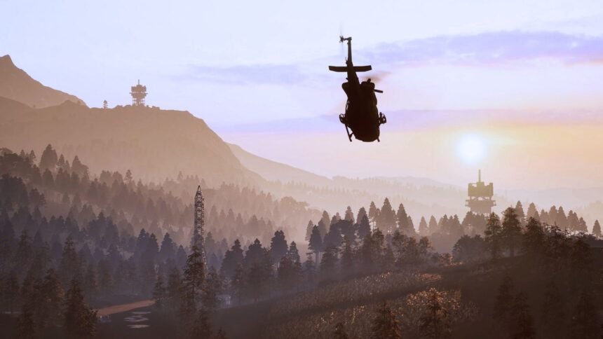 Wardogs Season 2: a helicopter flies towards a tower in the distance.
