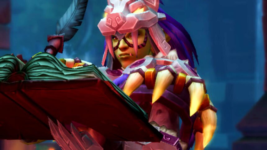 World of Warcraft Midnight patch notes for October 6, 2026 - An Orc makes notes in a large tome using a quill, in the latest update to the Blizzard MMORPG.